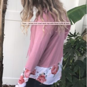 Tops - Jersey knit cowl neck top with floral cuffs & hem Tops - Jersey knit cowl neck top with floral cuffs & hem